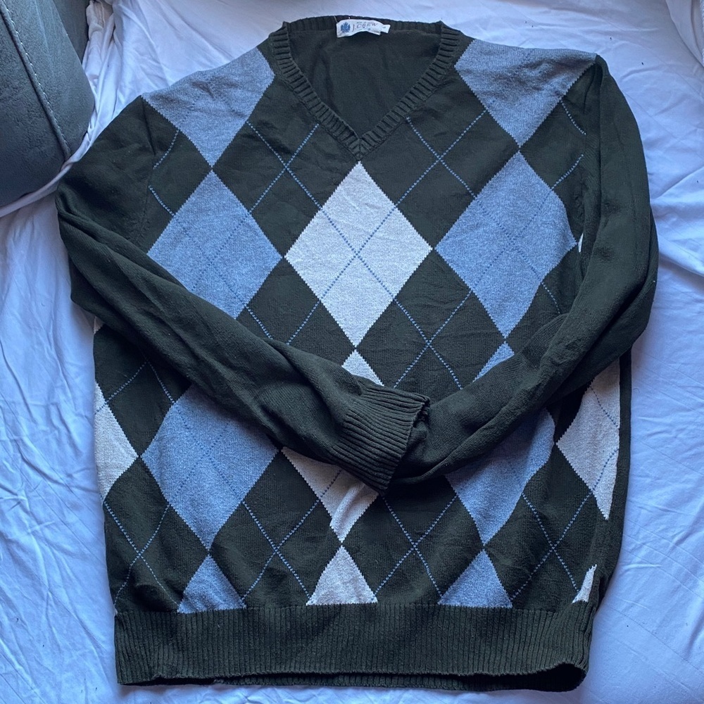 J. Crew V-Neck Sweater - Dark Green and Light Blue Argyle